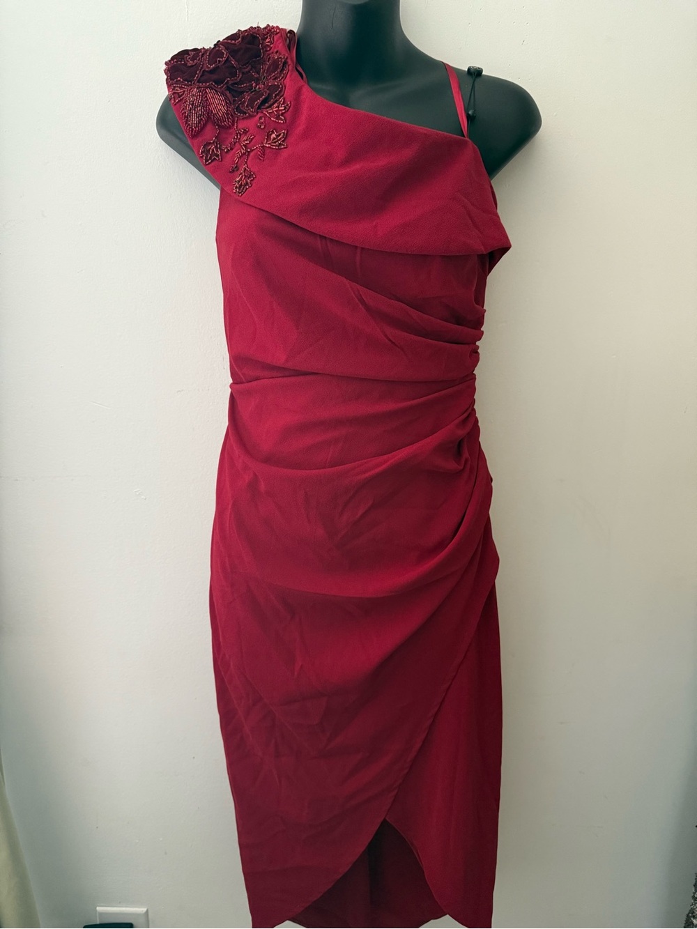 Adrianna Papell One-Shoulder Burgundy Dress with Floral Applique